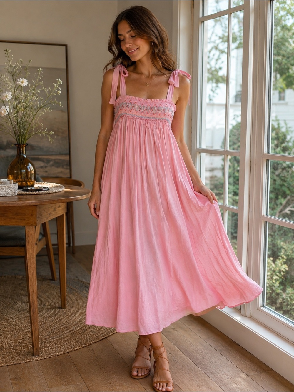 Pink Smocked Dress with Bow Straps perfect for Maternity